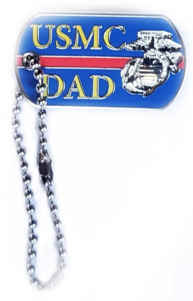 Marine Corps Lapel Pin USMC DAD" on ID Dog Tag Shape w Crest 1 1/4" USMC