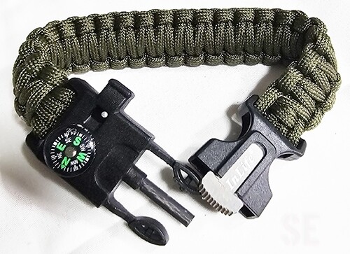 Survival Paracord Bracelet Compass Whistle Ferrocerium Rod Firestarter Signal 9"