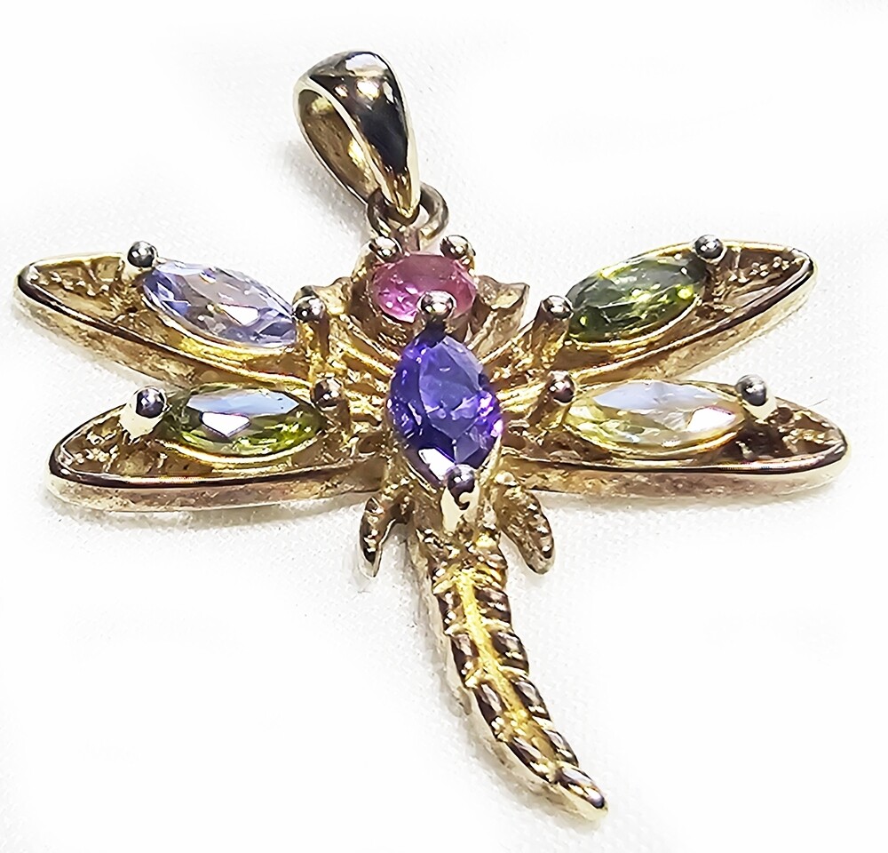 Dragonfly Pendant w Cut Stones Sterling Silver Gold Plated Vintage 925 2.32g