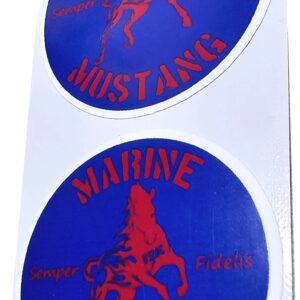 Marine Mustang Enlisted Officer Sticker Scarlet Red on Blue Set of 2 at 35mm