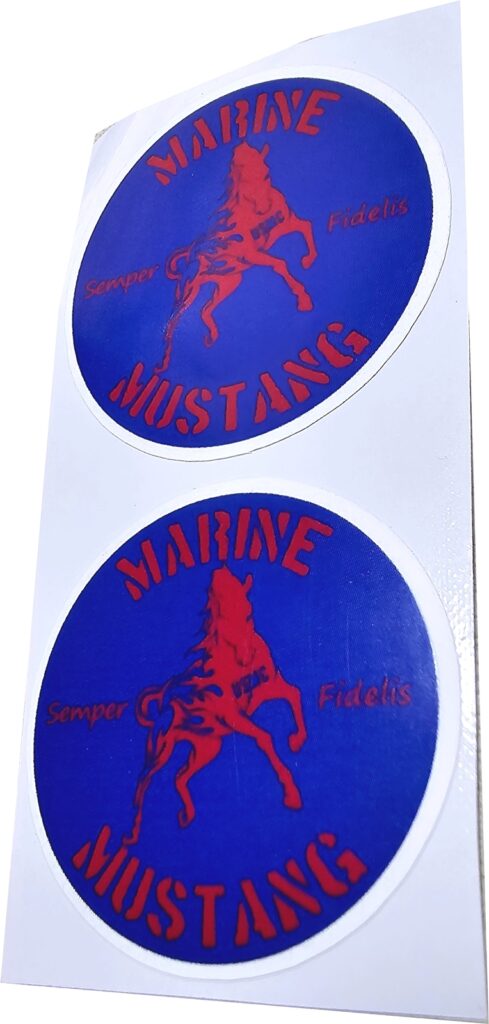 Marine Mustang Enlisted Officer Sticker Scarlet Red on Blue Set of 2 at 35mm