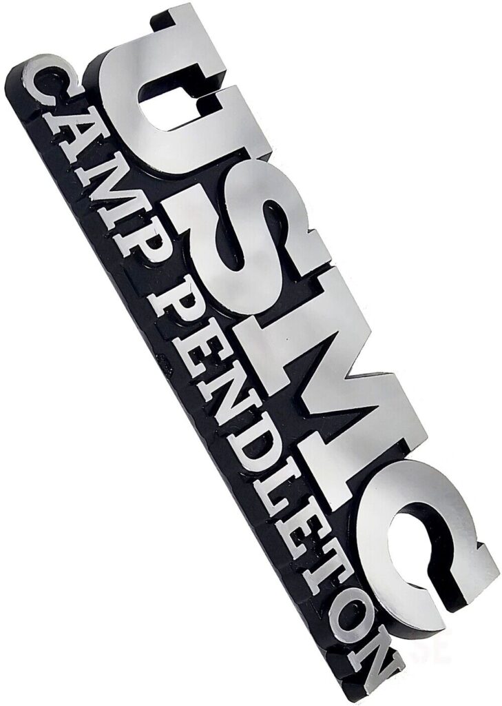 Marine Corps Auto Emblem USMC CAMP PENDLETON Lifetime Guarantee Chrome Plat USMC