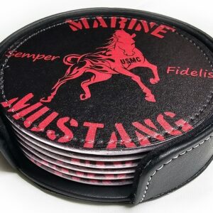 Marine Mustang Enlisted Officer Coaster Set of Six Scarlet on Black Leather 4"