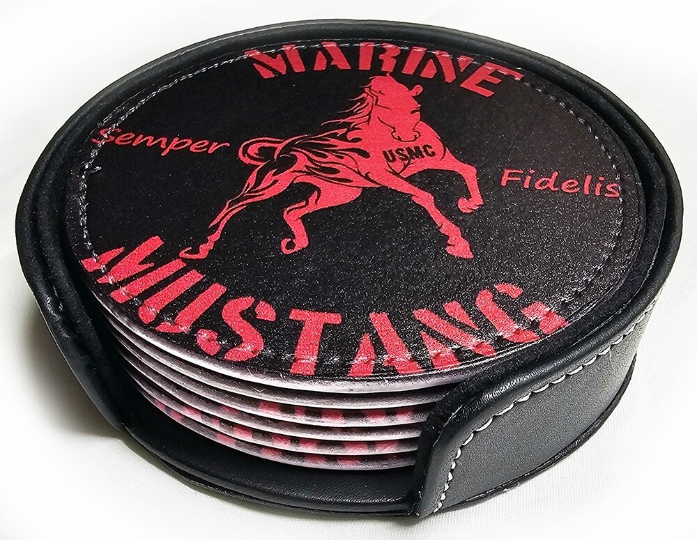 Marine Mustang Enlisted Officer Coaster Set of Six Scarlet on Black Leather 4"