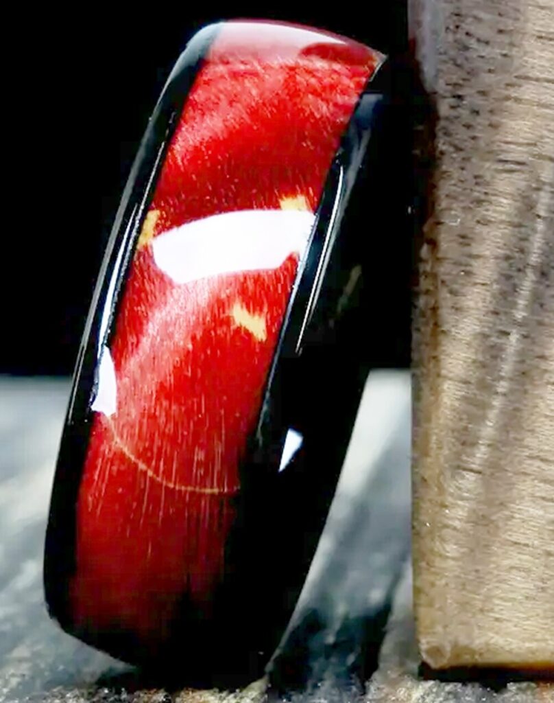 Men's Ring Band Firefighter Red Burlwood Inlay Black Tungsten Size 9