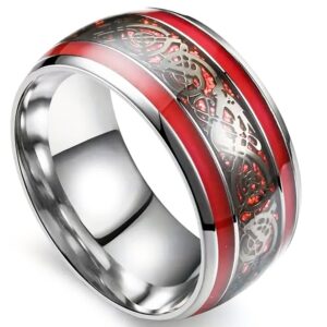 Ring Band Celt Knot w Firefighter Fireman Red Inlay Stainless Steel Size 9