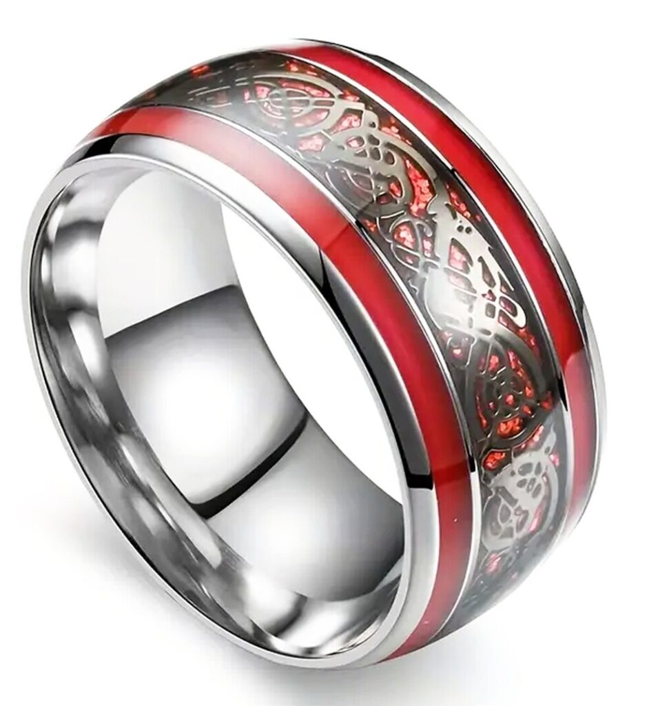 Ring Band Celt Knot w Firefighter Fireman Red Inlay Stainless Steel Size 9